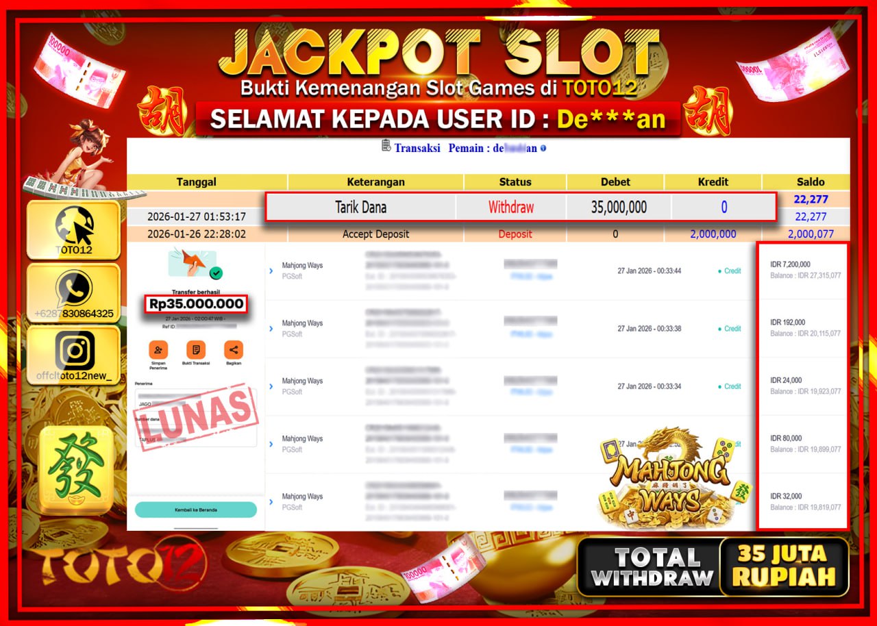 HANYA DI TOTO12 JP PASTI DI BAYAR LUNAS DAN CEPAT!!!!!! JACKPOT SLOT GAME (MAHJONG WAYS) Rp.35.000.000 !!!!