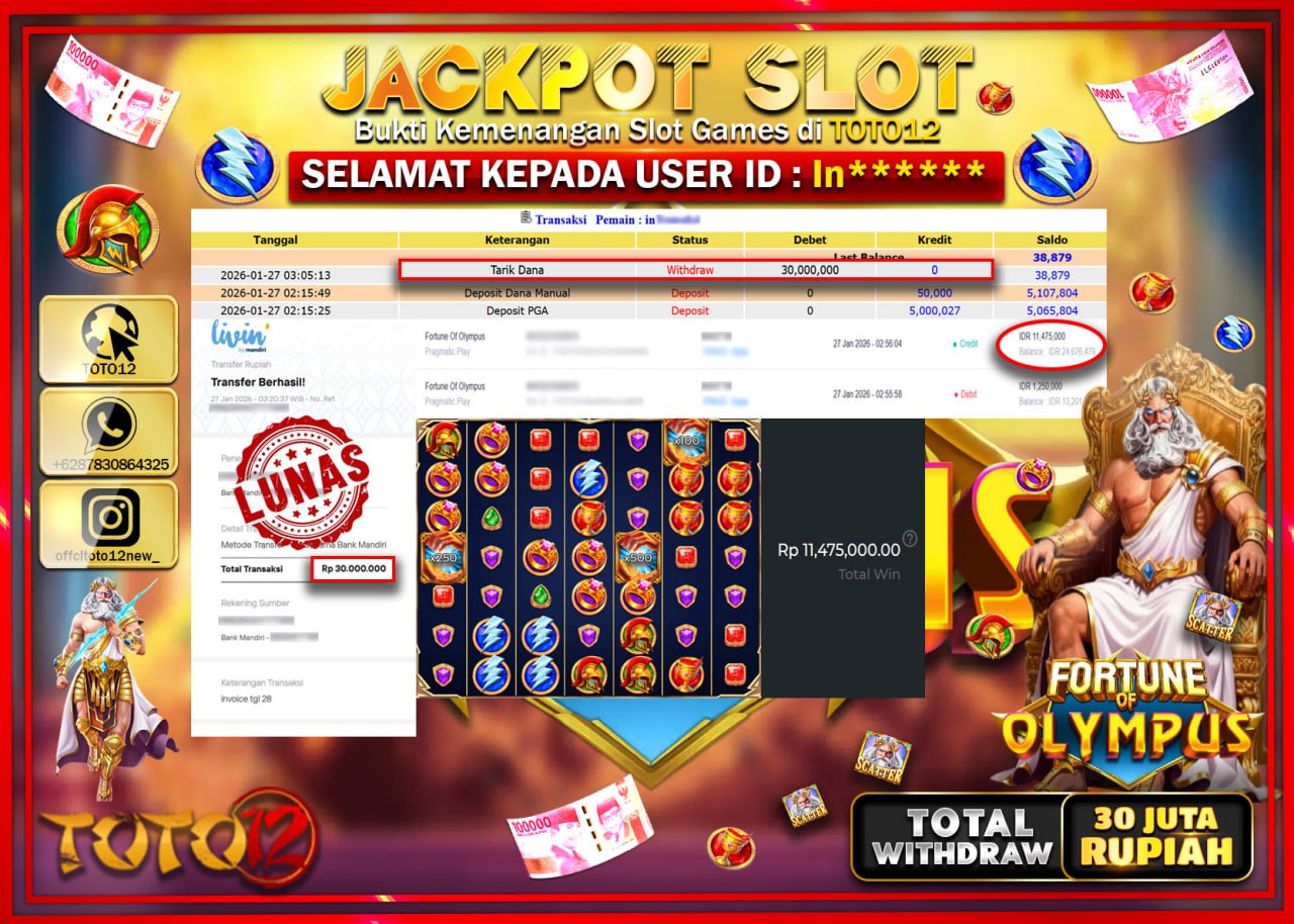 HANYA DI TOTO12 JP PASTI DI BAYAR LUNAS DAN CEPAT!!!!!! JACKPOT SLOT GAME (FORTUNE OF OLYMPUS) Rp.30.000.000 !!!!
