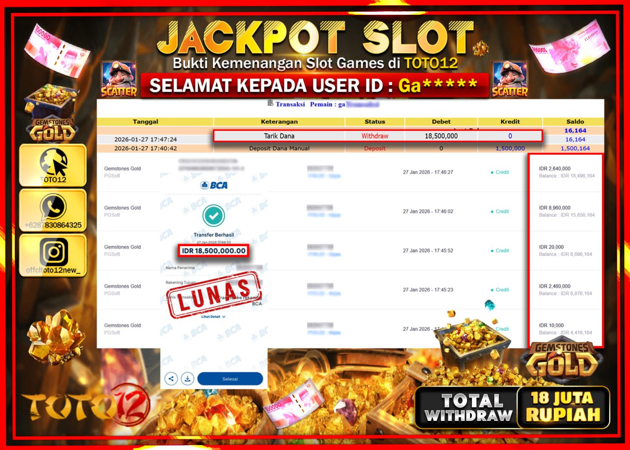 HANYA DI TOTO12 JP PASTI DI BAYAR LUNAS DAN CEPAT!!!!!! JACKPOT SLOT GAME (GEMSTONES GOLD) Rp.18.500.000 !!!!