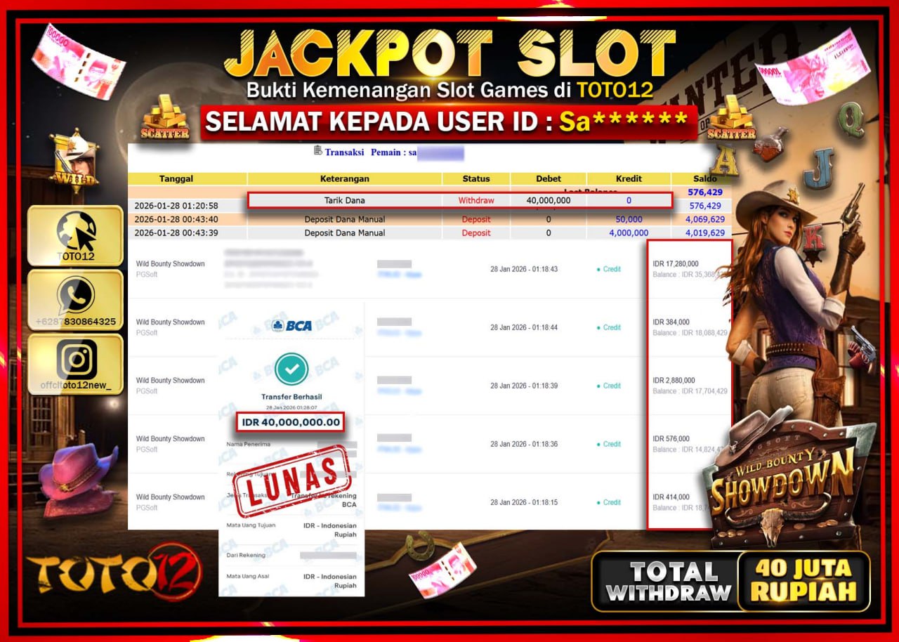 HANYA DI TOTO12 JP PASTI DI BAYAR LUNAS DAN CEPAT!!!!!! JACKPOT SLOT GAME (WILD BOUNTY SHOWDOWN) Rp.40.000.000 !!!!