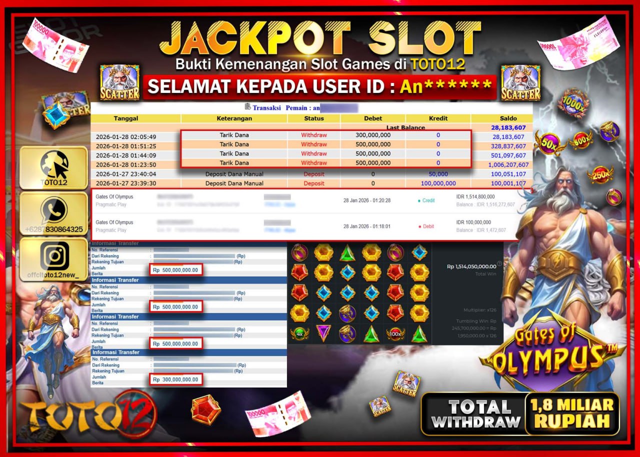 HANYA DI TOTO12 JP PASTI DI BAYAR LUNAS DAN CEPAT!!!!!! JACKPOT SLOT GAME (GATES OF OLYMPUS) Rp.1.800.000.000 !!!!