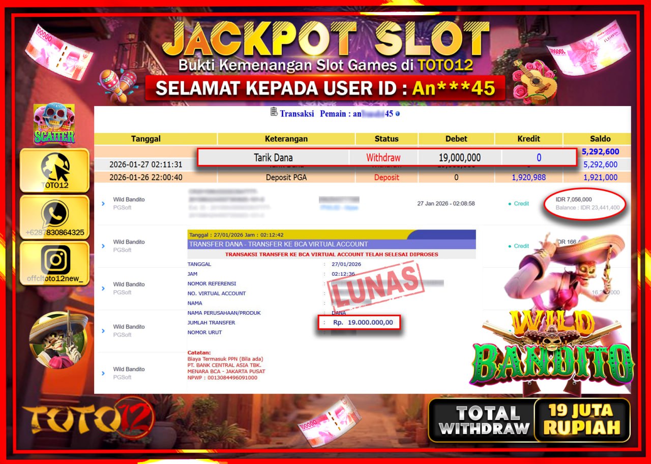 HANYA DI TOTO12 JP PASTI DI BAYAR LUNAS DAN CEPAT!!!!!! JACKPOT SLOT GAME (WILD BANDITO) Rp.19.000.000 !!!!