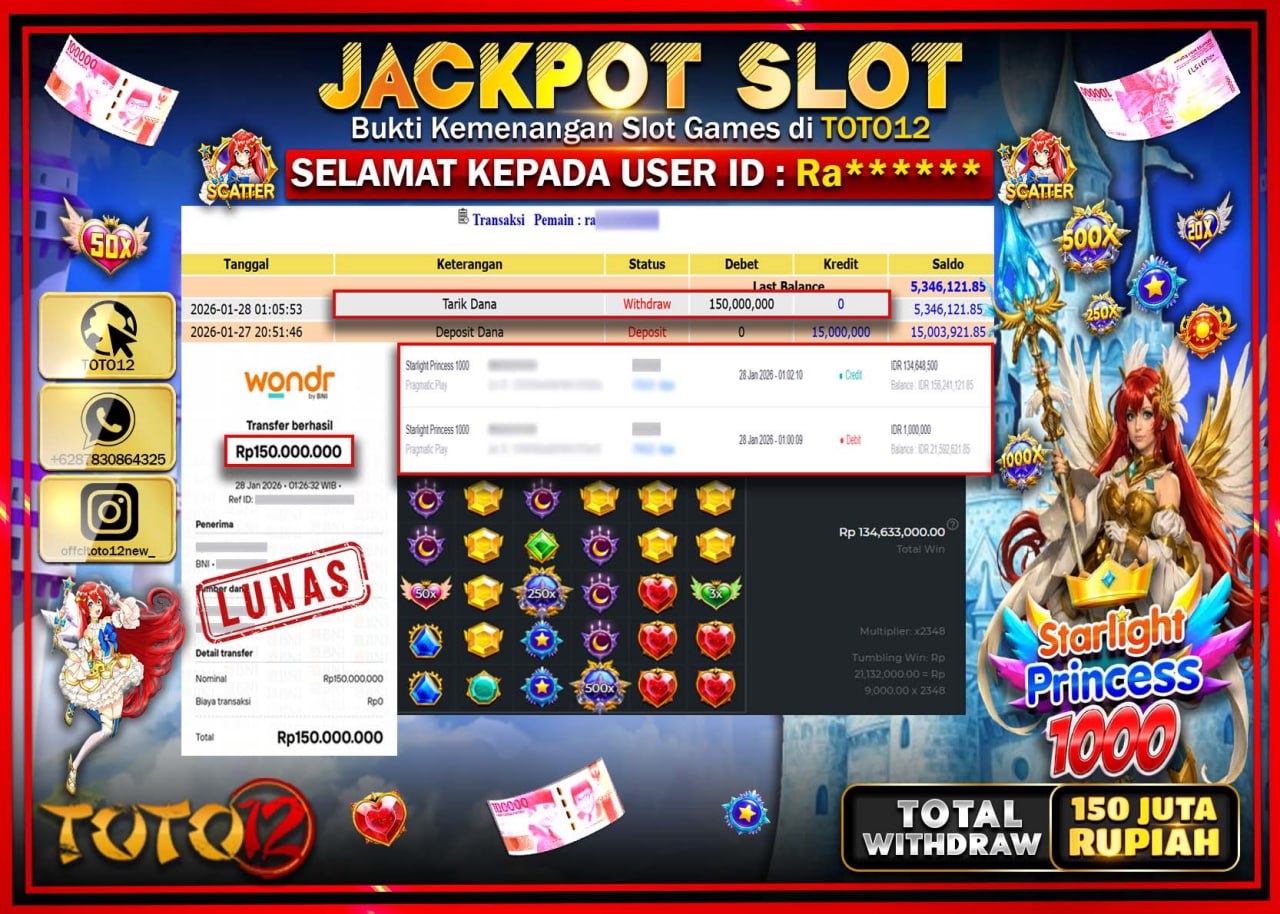 HANYA DI TOTO12 JP PASTI DI BAYAR LUNAS DAN CEPAT!!!!!! JACKPOT SLOT GAME (STARLIGHT PRINCESS 1000) Rp.150.000.000 !!!!