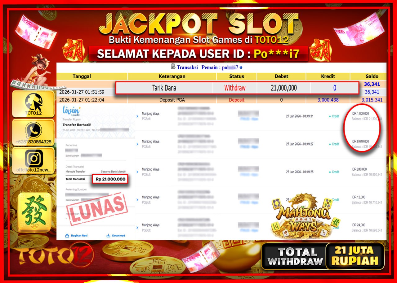 HANYA DI TOTO12 JP PASTI DI BAYAR LUNAS DAN CEPAT!!!!!! JACKPOT SLOT GAME (MAHJONG WAYS) Rp.21.000.000 !!!!