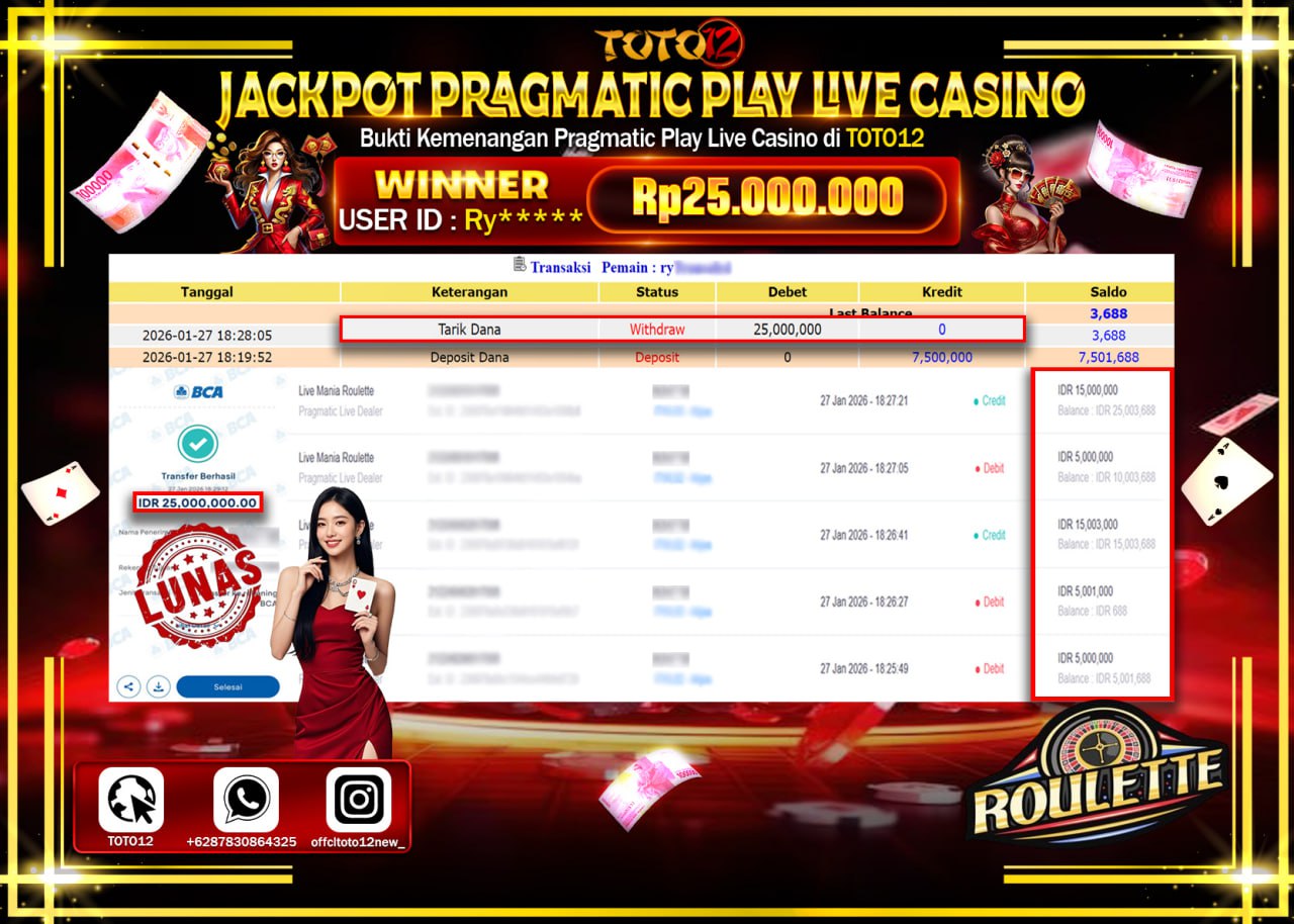 HANYA DI TOTO12 JP PASTI DI BAYAR LUNAS DAN CEPAT!!!!!! JACKPOT PRAGMATIC PLAY LIVE CASINO (ROULETTE) Rp.25.000.000 !!!!