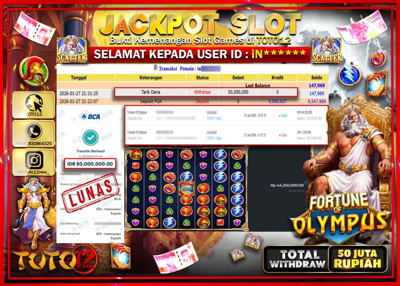 HANYA DI TOTO12 JP PASTI DI BAYAR LUNAS DAN CEPAT!!!!!! JACKPOT SLOT GAME (FORTUNE OF OLYMPUS) Rp.50.000.000 !!!!