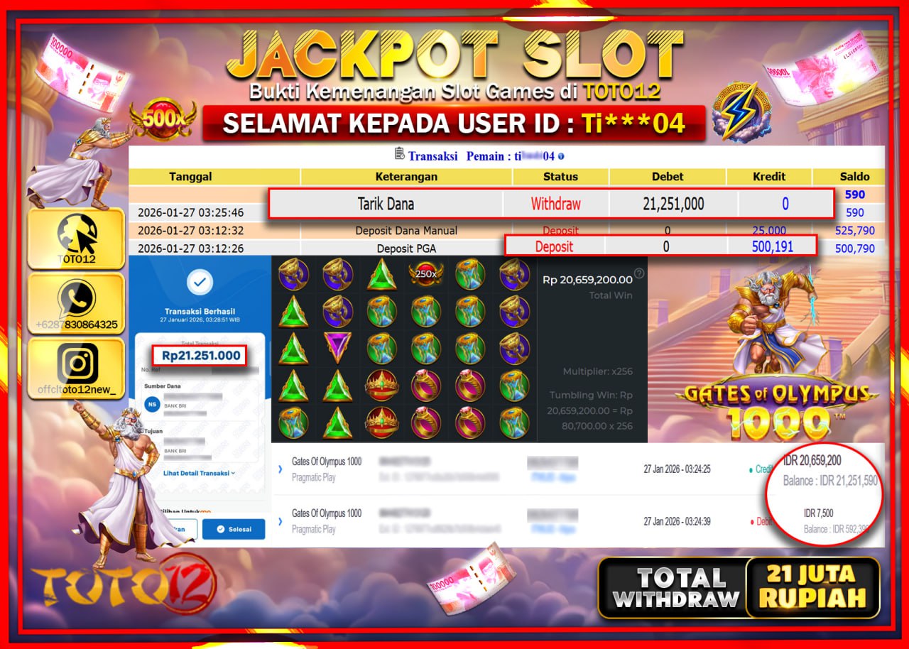 HANYA DI TOTO12 JP PASTI DI BAYAR LUNAS DAN CEPAT!!!!!! JACKPOT SLOT GAME (GATES OF OLYMPUS 1000) Rp.21.000.000 !!!!