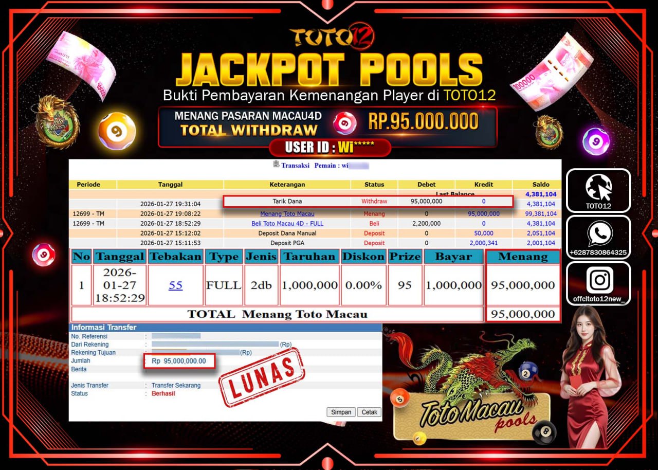 HANYA DI TOTO12 JP PASTI DI BAYAR LUNAS DAN CEPAT!!!!!! JACKPOT POOLS PASARAN (MACAU 4D) Rp.95.000.000 !!!!