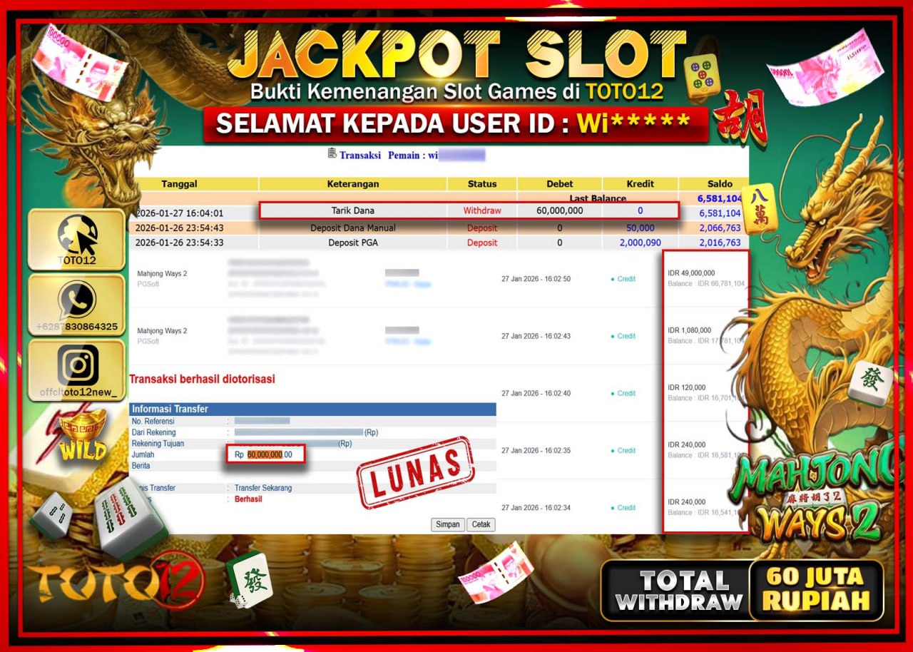 HANYA DI TOTO12 JP PASTI DI BAYAR LUNAS DAN CEPAT!!!!!! JACKPOT SLOT GAME (MAHJONG WAYS 2) Rp.60.000.000 !!!!
