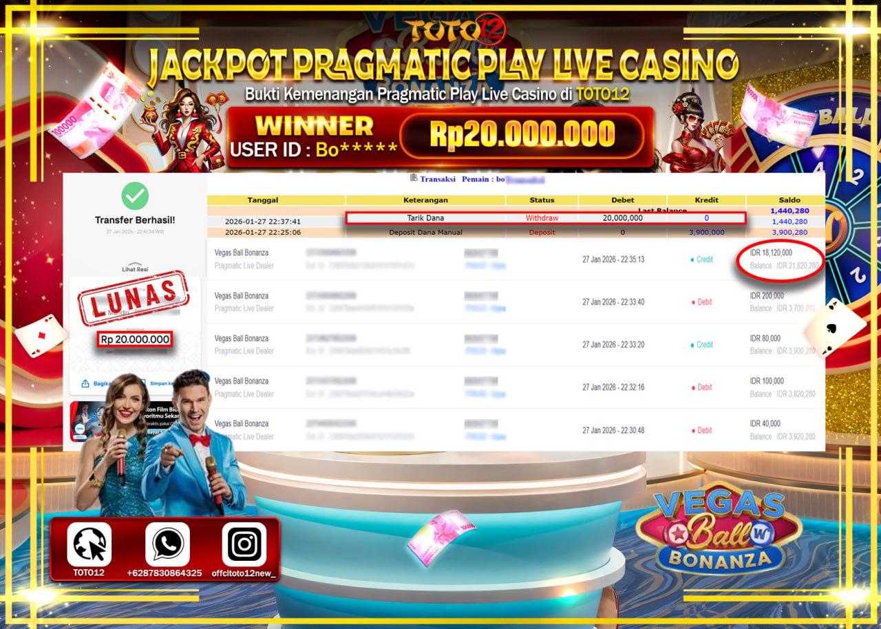 HANYA DI TOTO12 JP PASTI DI BAYAR LUNAS DAN CEPAT!!!!!! JACKPOT PRAGMATIC PLAY LIVE CASINO (VEGAS BALL BONANZA) Rp.20.000.000 !!!!