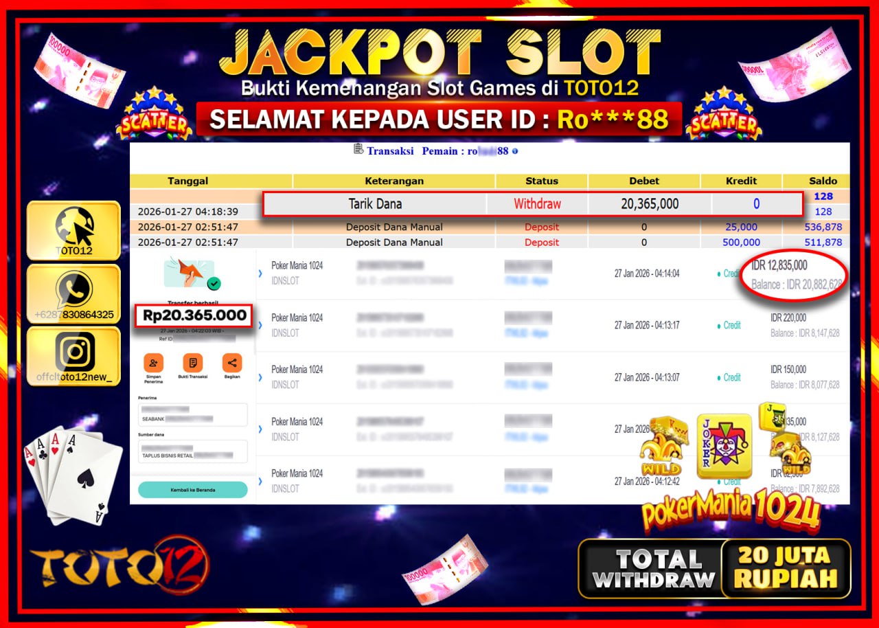 HANYA DI TOTO12 JP PASTI DI BAYAR LUNAS DAN CEPAT!!!!!! JACKPOT SLOT GAME (POKER MANIA 1024) Rp.20.365.000 !!!!