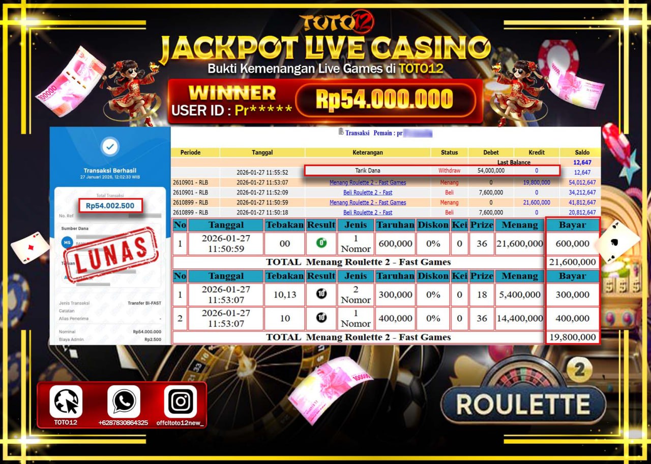 HANYA DI TOTO12 JP PASTI DI BAYAR LUNAS DAN CEPAT!!!!!! JACKPOT LIVE CASINO (ROULETTE) Rp.54.000.000 !!!!