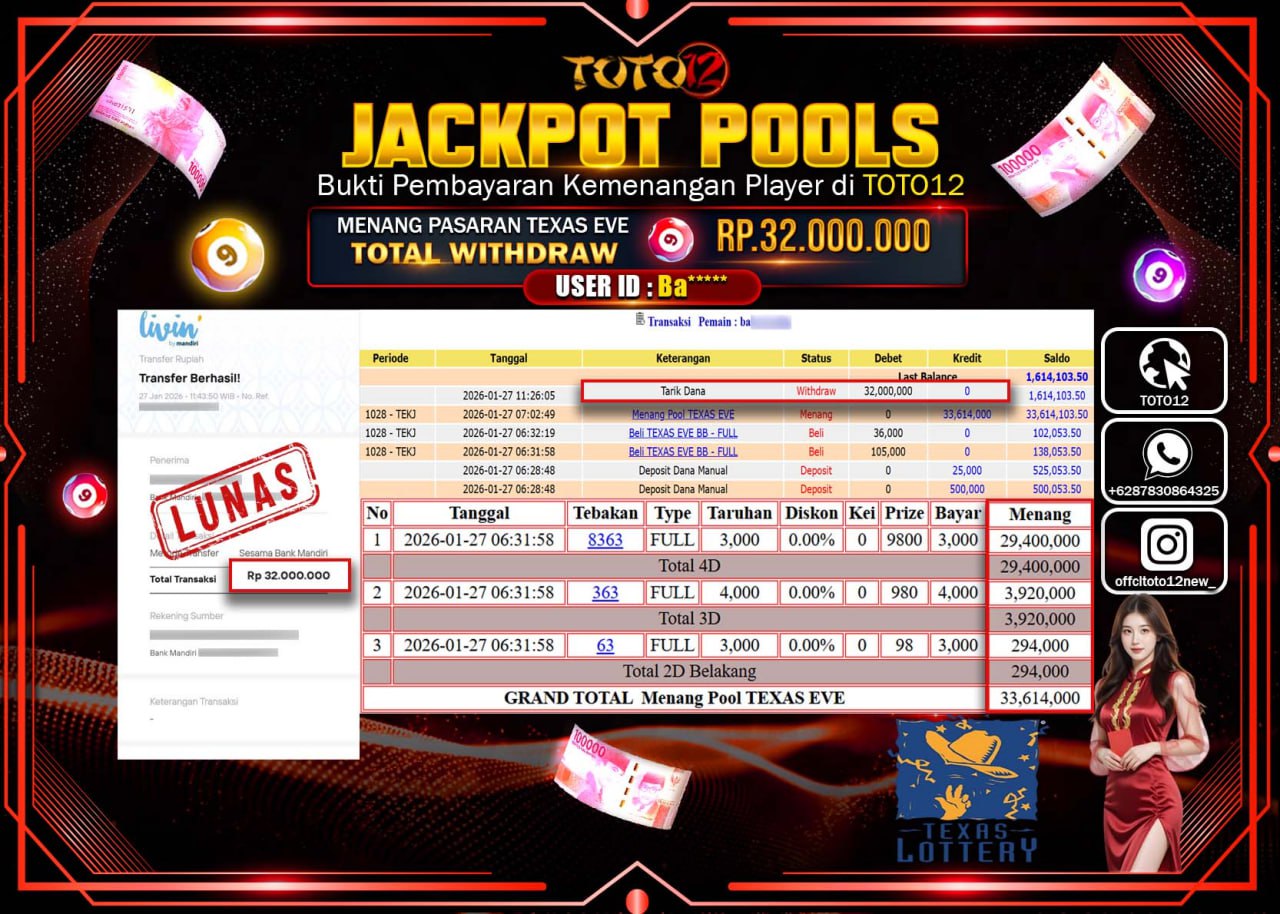 HANYA DI TOTO12 JP PASTI DI BAYAR LUNAS DAN CEPAT!!!!!! JACKPOT POOLS PASARAN (TEXAS EVE) Rp.32.000.000 !!!!