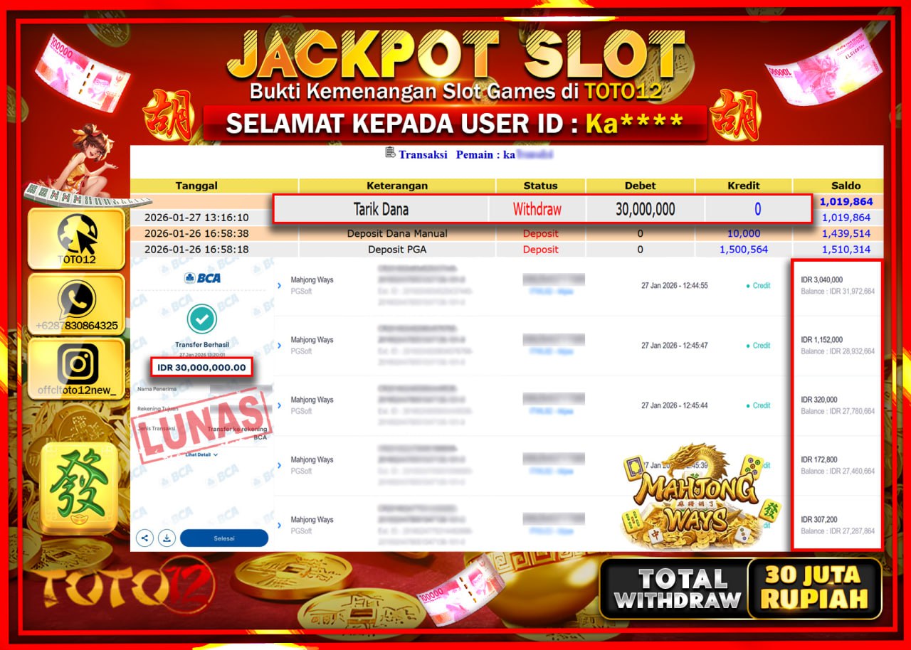 HANYA DI TOTO12 JP PASTI DI BAYAR LUNAS DAN CEPAT!!!!!! JACKPOT SLOT GAME (MAHJONG WAYS) Rp.30.000.000 !!!!