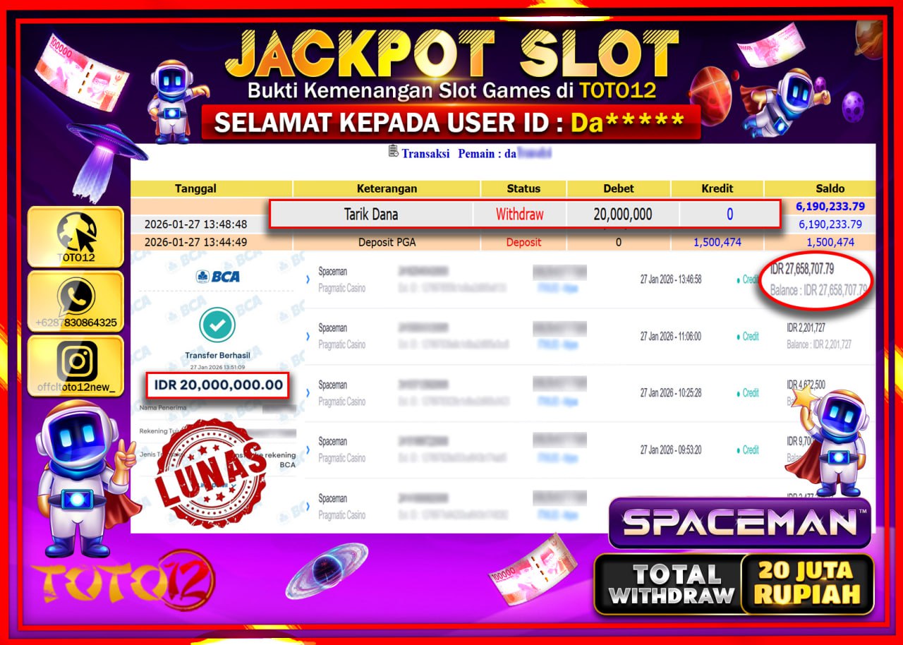 HANYA DI TOTO12 JP PASTI DI BAYAR LUNAS DAN CEPAT!!!!!! JACKPOT SLOT GAME (SPACEMAN) Rp.20.000.000 !!!!