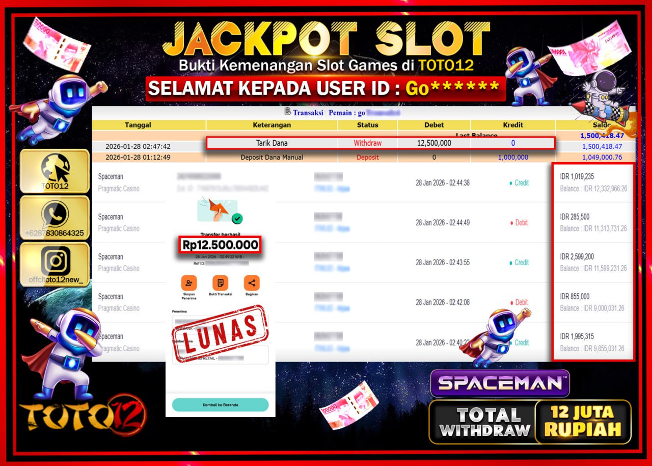 HANYA DI TOTO12 JP PASTI DI BAYAR LUNAS DAN CEPAT!!!!!! JACKPOT SLOT GAME (SPACEMAN) Rp.12.500.000 !!!!
