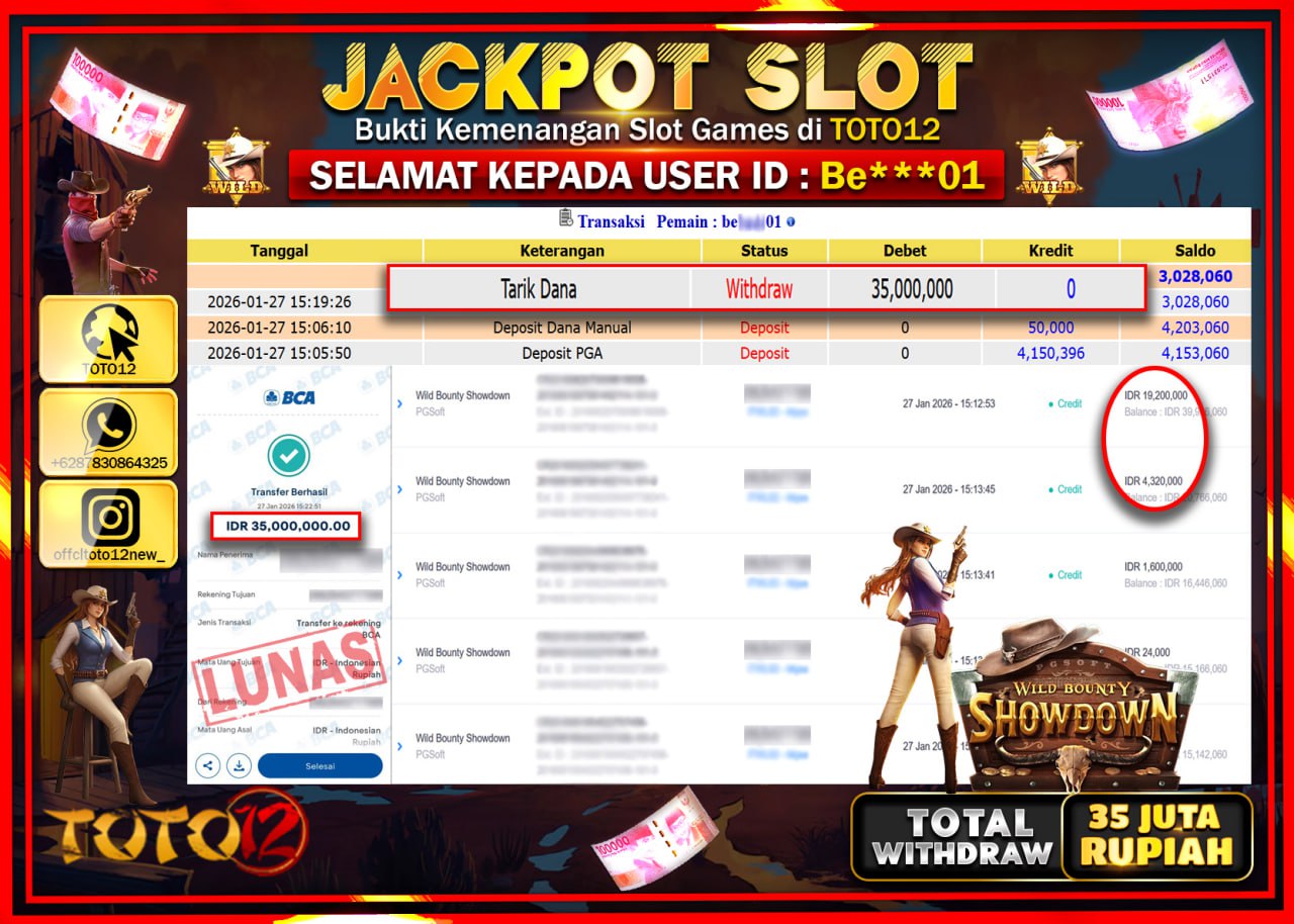 HANYA DI TOTO12 JP PASTI DI BAYAR LUNAS DAN CEPAT!!!!!! JACKPOT SLOT GAME (WILD BOUNTY SHOWDOWN) Rp.35.000.000 !!!!