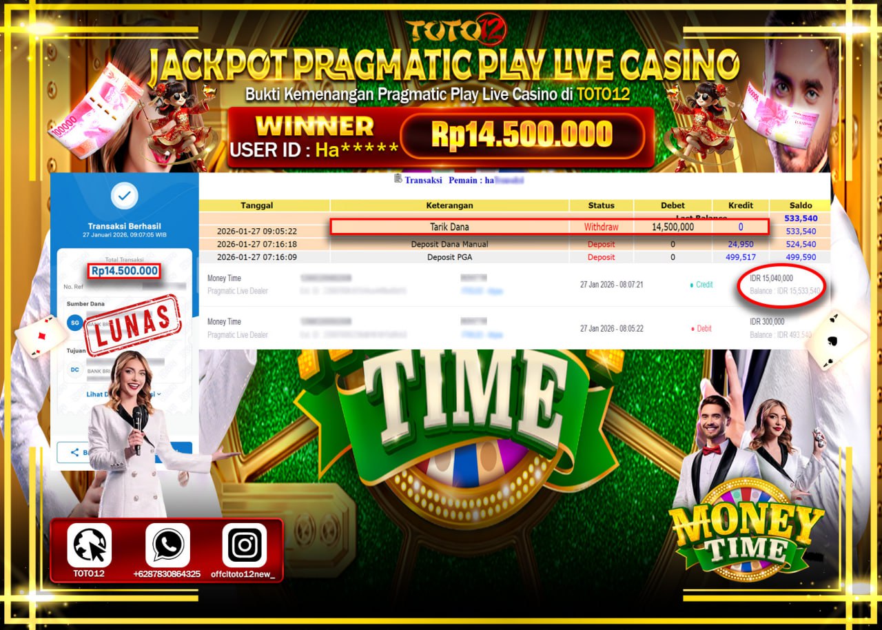 HANYA DI TOTO12 JP PASTI DI BAYAR LUNAS DAN CEPAT!!!!!! JACKPOT PRAGMATIC PLAY LIVE CASINO (MONEY TIME) Rp.14.500.000 !!!