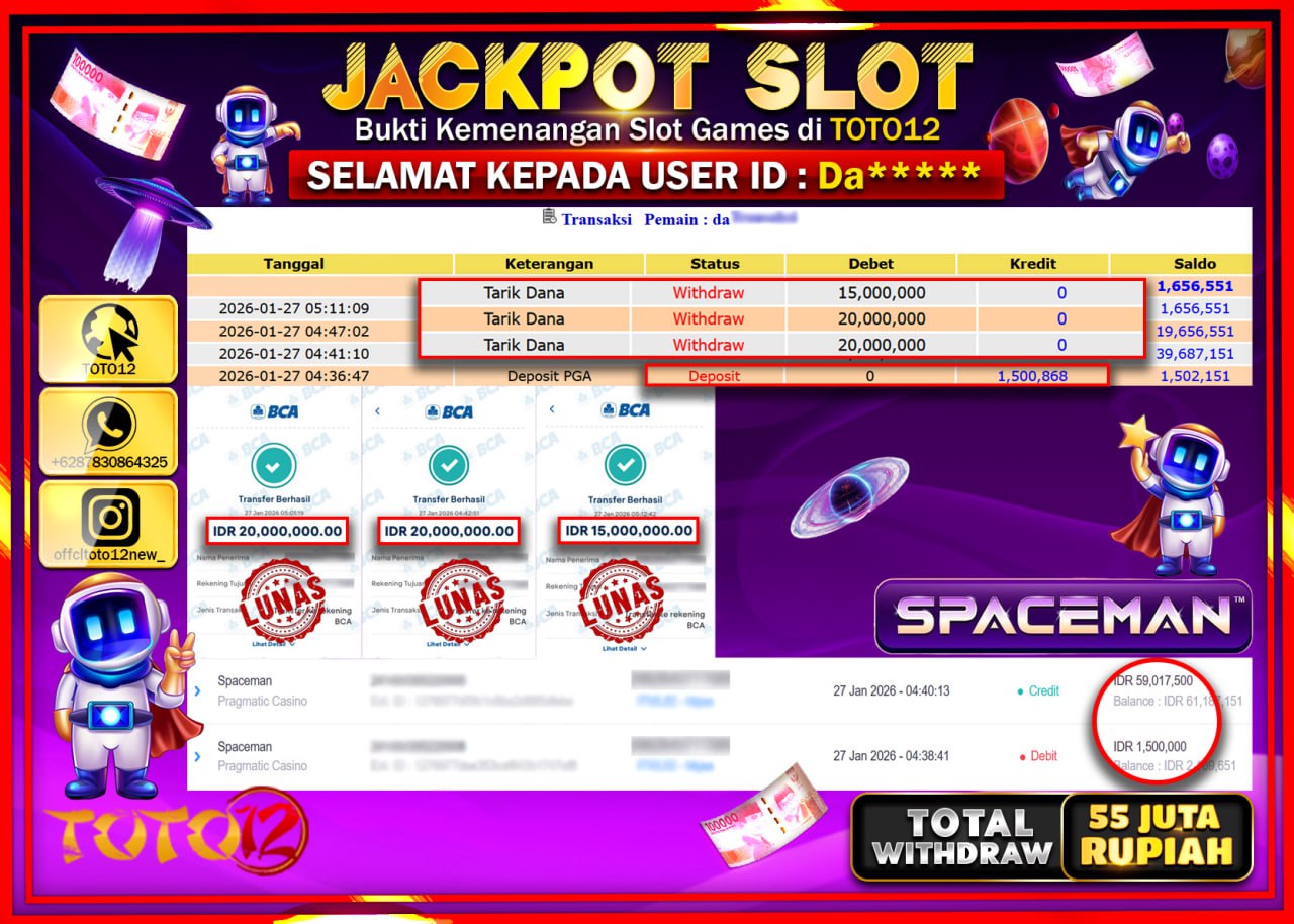 HANYA DI TOTO12 JP PASTI DI BAYAR LUNAS DAN CEPAT!!!!!! JACKPOT SLOT GAME (SPACEMAN) Rp.55.000.000 !!!!