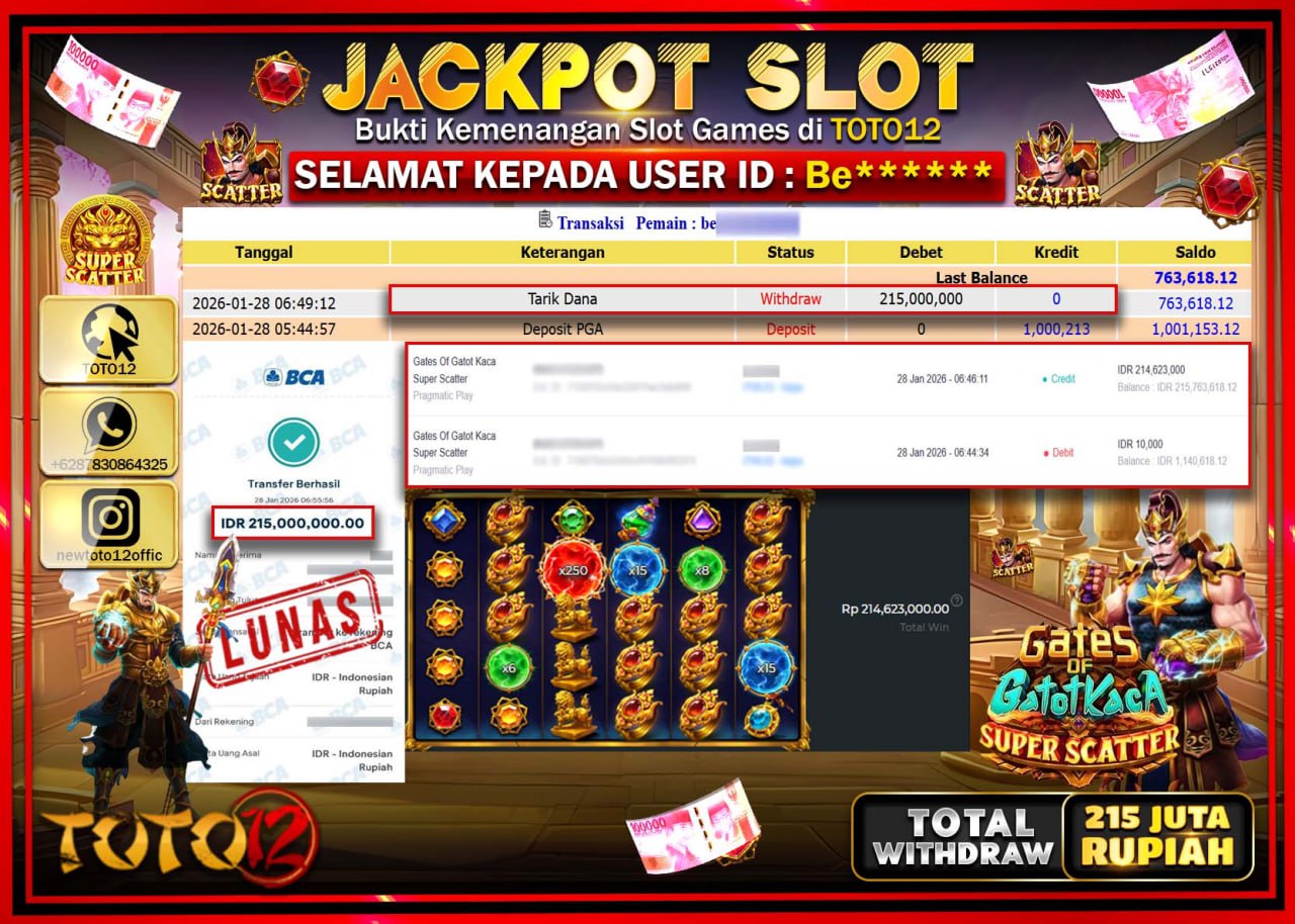 HANYA DI TOTO12 JP PASTI DI BAYAR LUNAS DAN CEPAT!!!!!! JACKPOT SLOT GAME (GATES OF GATOT KACA SUPER SCATTER) Rp.215.000.000 !!!!