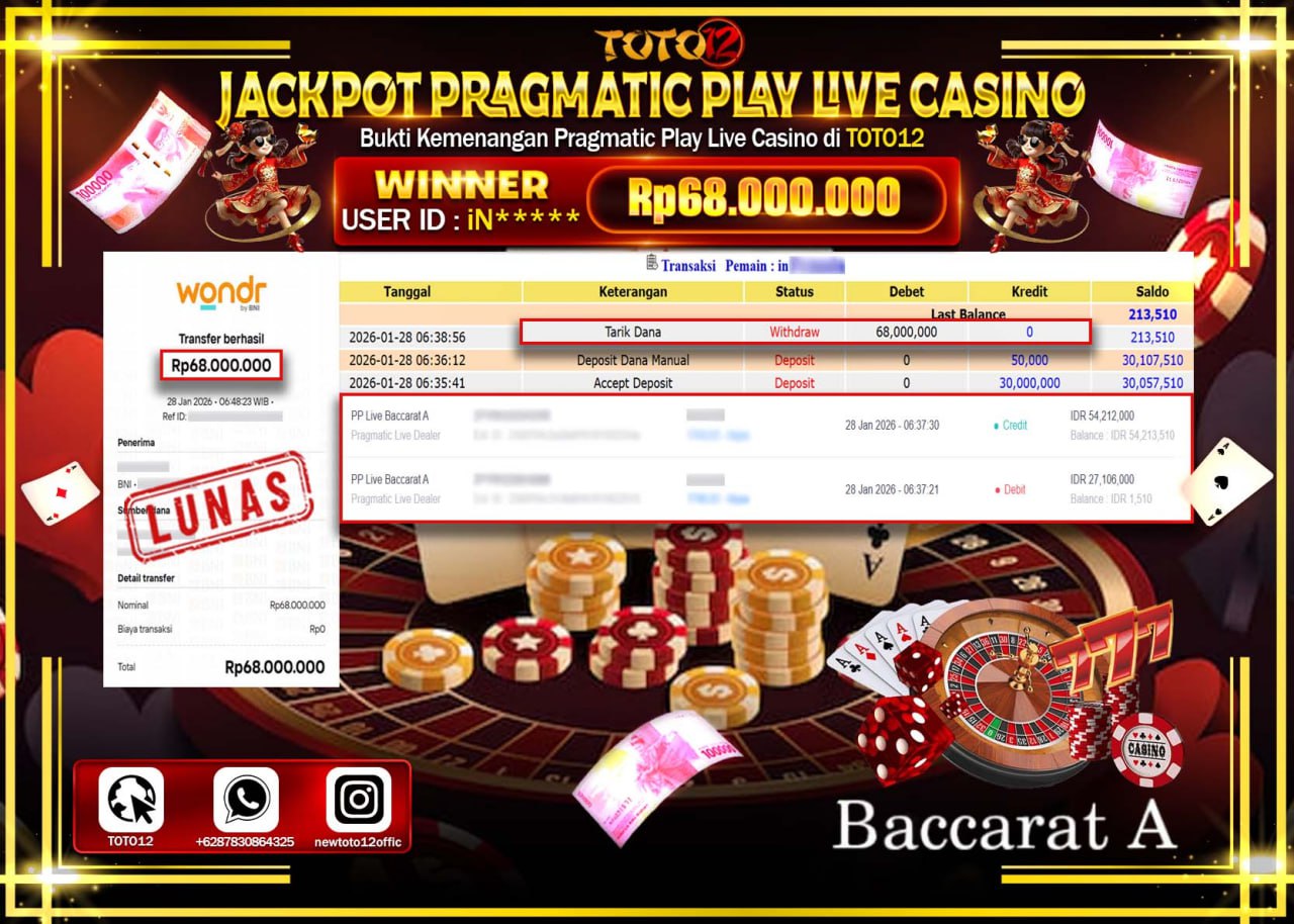 HANYA DI TOTO12 JP PASTI DI BAYAR LUNAS DAN CEPAT!!!!!! JACKPOT PRAGMATIC PLAY LIVE CASINO (LIVE BACCARAT) Rp.68.000.000 !!!!