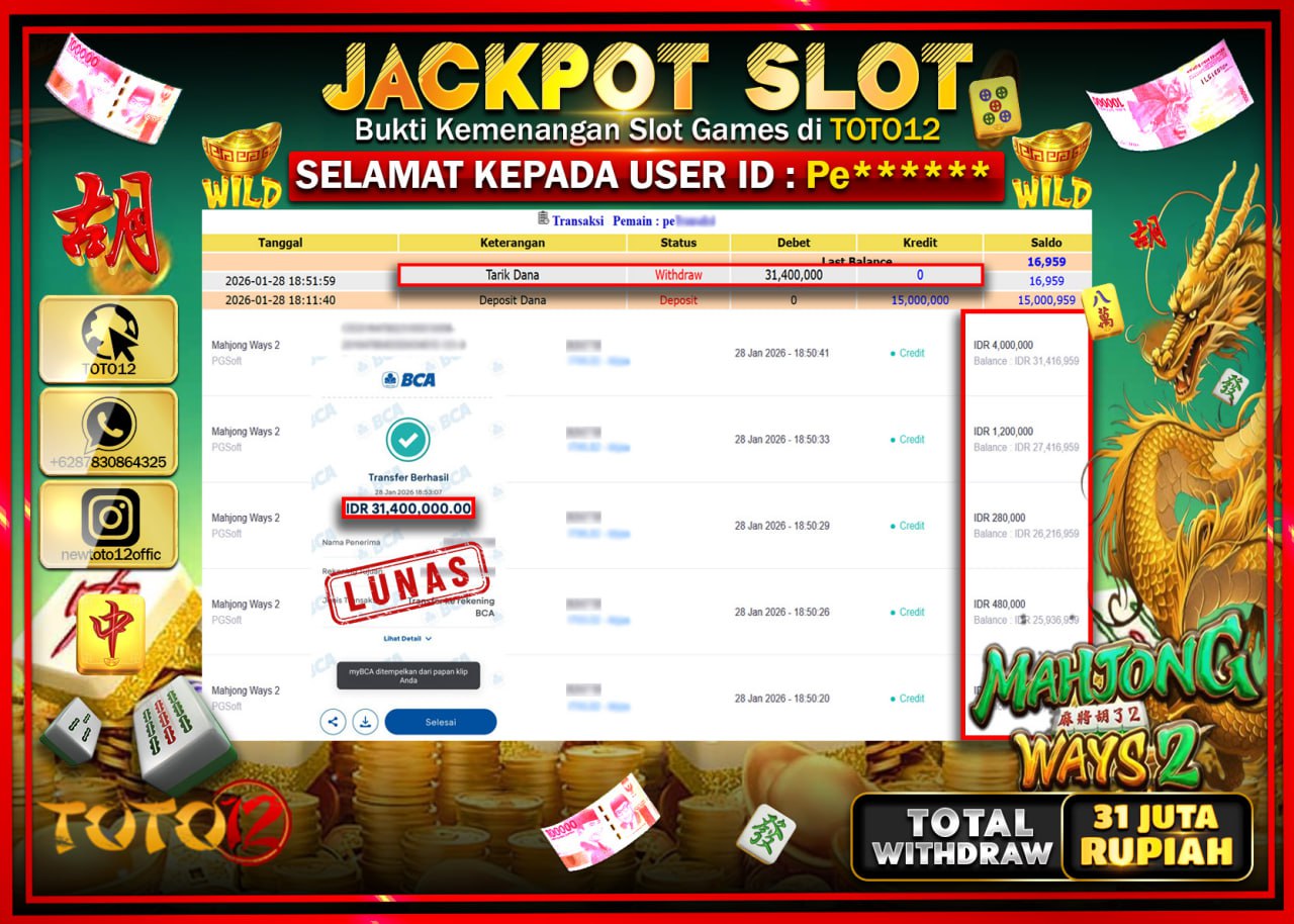 HANYA DI TOTO12 JP PASTI DI BAYAR LUNAS DAN CEPAT!!!!!! JACKPOT SLOT GAME (MAHJONG WAYS 2) Rp.31.400.000 !!!!