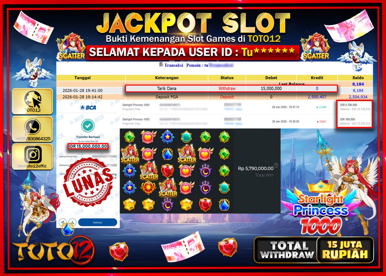 HANYA DI TOTO12 JP PASTI DI BAYAR LUNAS DAN CEPAT!!!!!! JACKPOT SLOT GAME (STARLIGHT PRINCESS 1000) Rp.15.000.000 !!!!