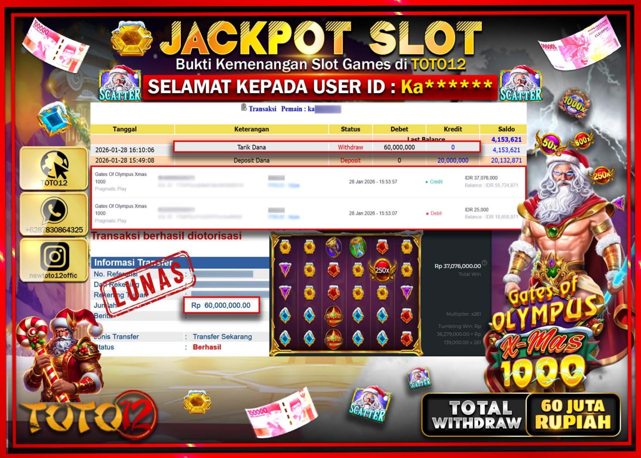 HANYA DI TOTO12 JP PASTI DI BAYAR LUNAS DAN CEPAT!!!!!! JACKPOT SLOT GAME (GATES OF OLYMPUS XMAS 1000) Rp.60.000.000 !!!!