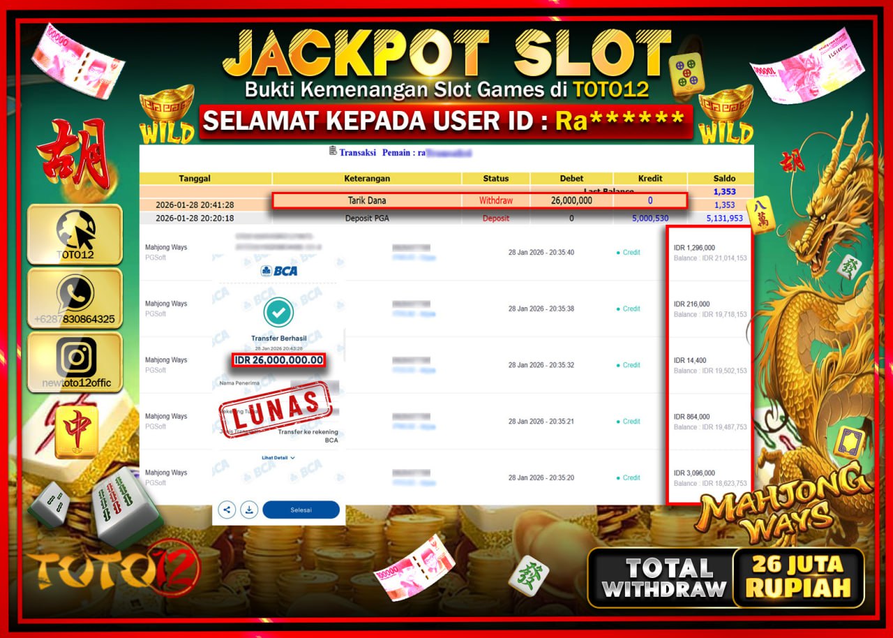 HANYA DI TOTO12 JP PASTI DI BAYAR LUNAS DAN CEPAT!!!!!! JACKPOT SLOT GAME (MAHJONG WAYS) Rp.26.000.000 !!!!