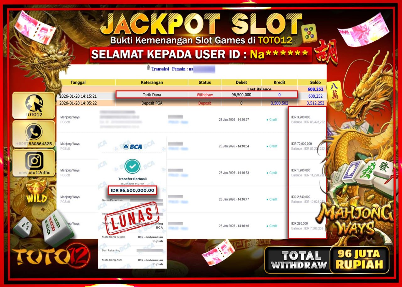 HANYA DI TOTO12 JP PASTI DI BAYAR LUNAS DAN CEPAT!!!!!! JACKPOT SLOT GAME (MAHJONG WAYS) Rp.96.500.000 !!!!