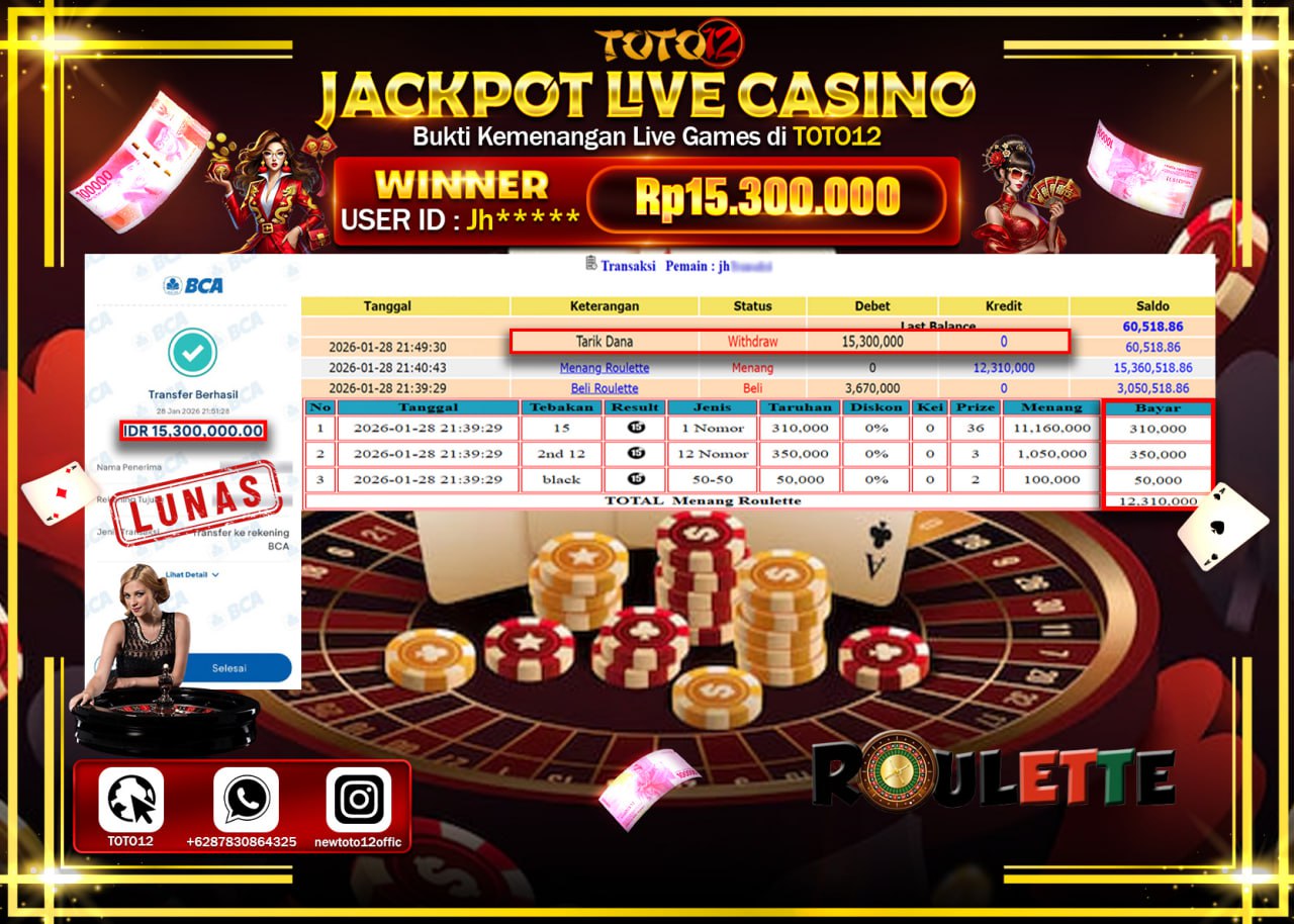 HANYA DI TOTO12 JP PASTI DI BAYAR LUNAS DAN CEPAT!!!!!! JACKPOT LIVE CASINO (ROULETTE) Rp.15.300.000 !!!!