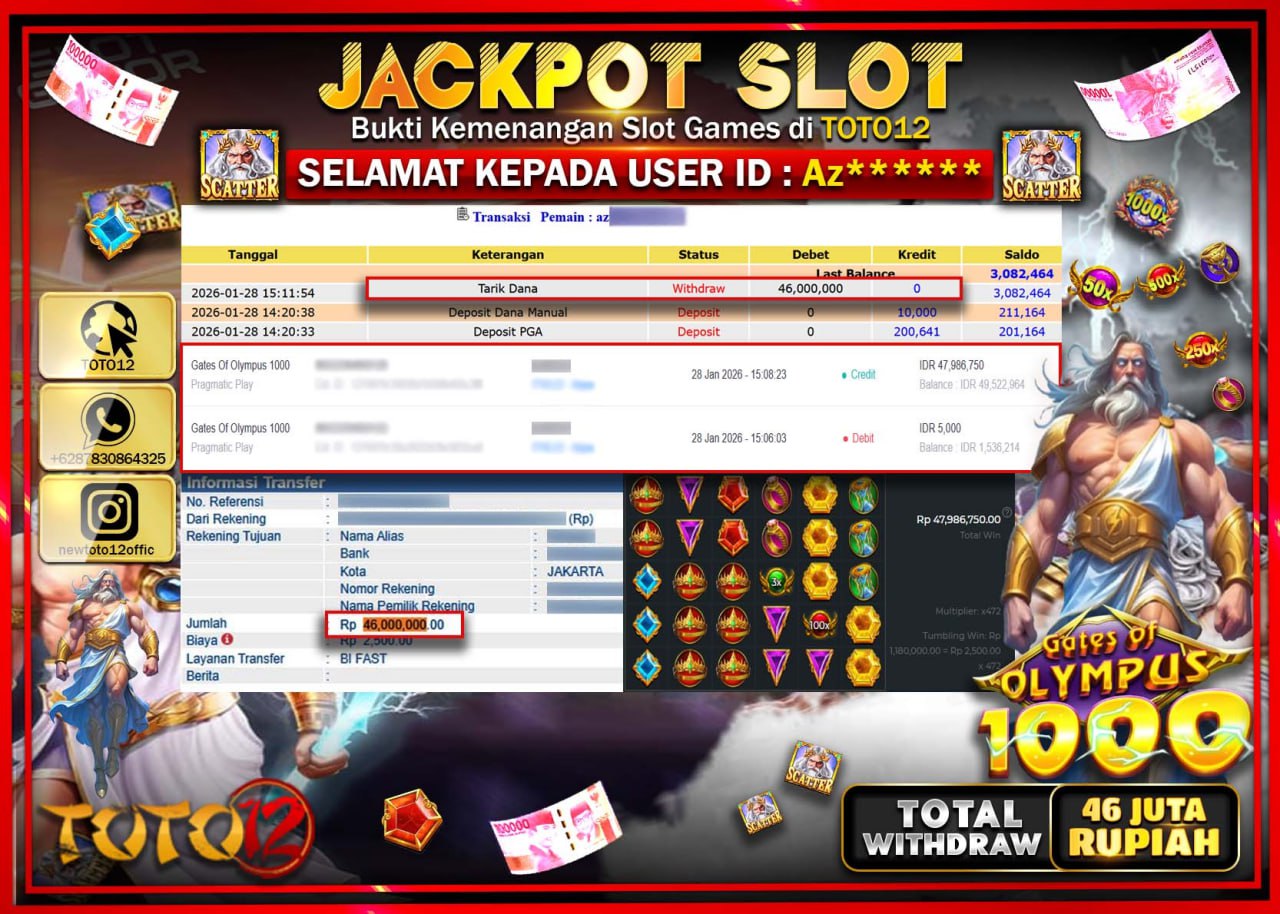 HANYA DI TOTO12 JP PASTI DI BAYAR LUNAS DAN CEPAT!!!!!! JACKPOT SLOT GAME (GATES OF OLYMPUS 1000) Rp.46.000.000 !!!!