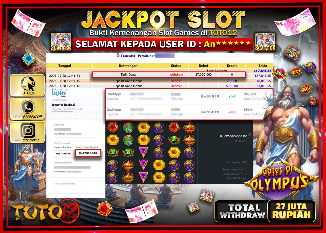HANYA DI TOTO12 JP PASTI DI BAYAR LUNAS DAN CEPAT!!!!!! JACKPOT SLOT GAME (GATES OF OLYMPUS) Rp.27.000.000 !!!!