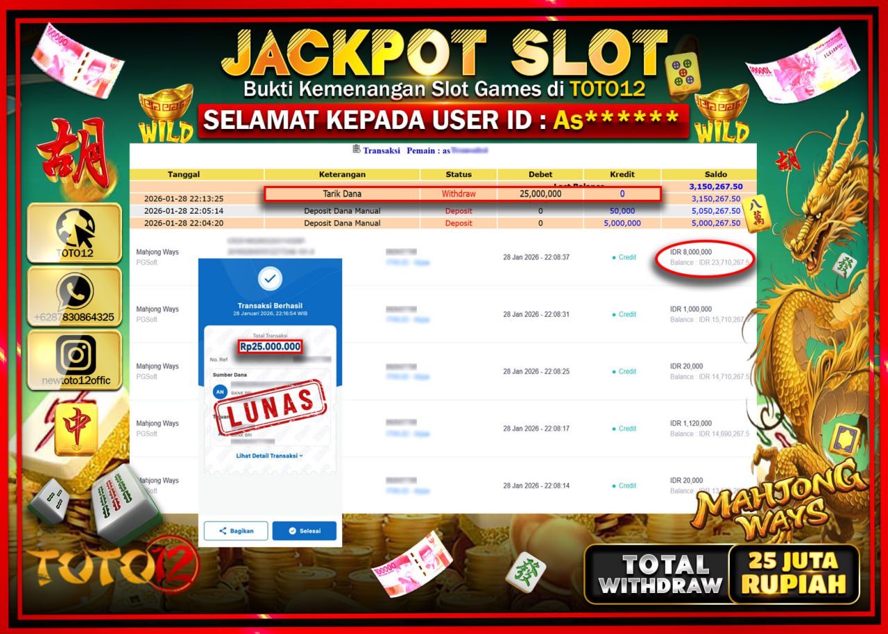HANYA DI TOTO12 JP PASTI DI BAYAR LUNAS DAN CEPAT!!!!!! JACKPOT SLOT GAME (MAHJONG WAYS) Rp.25.000.000 !!!!