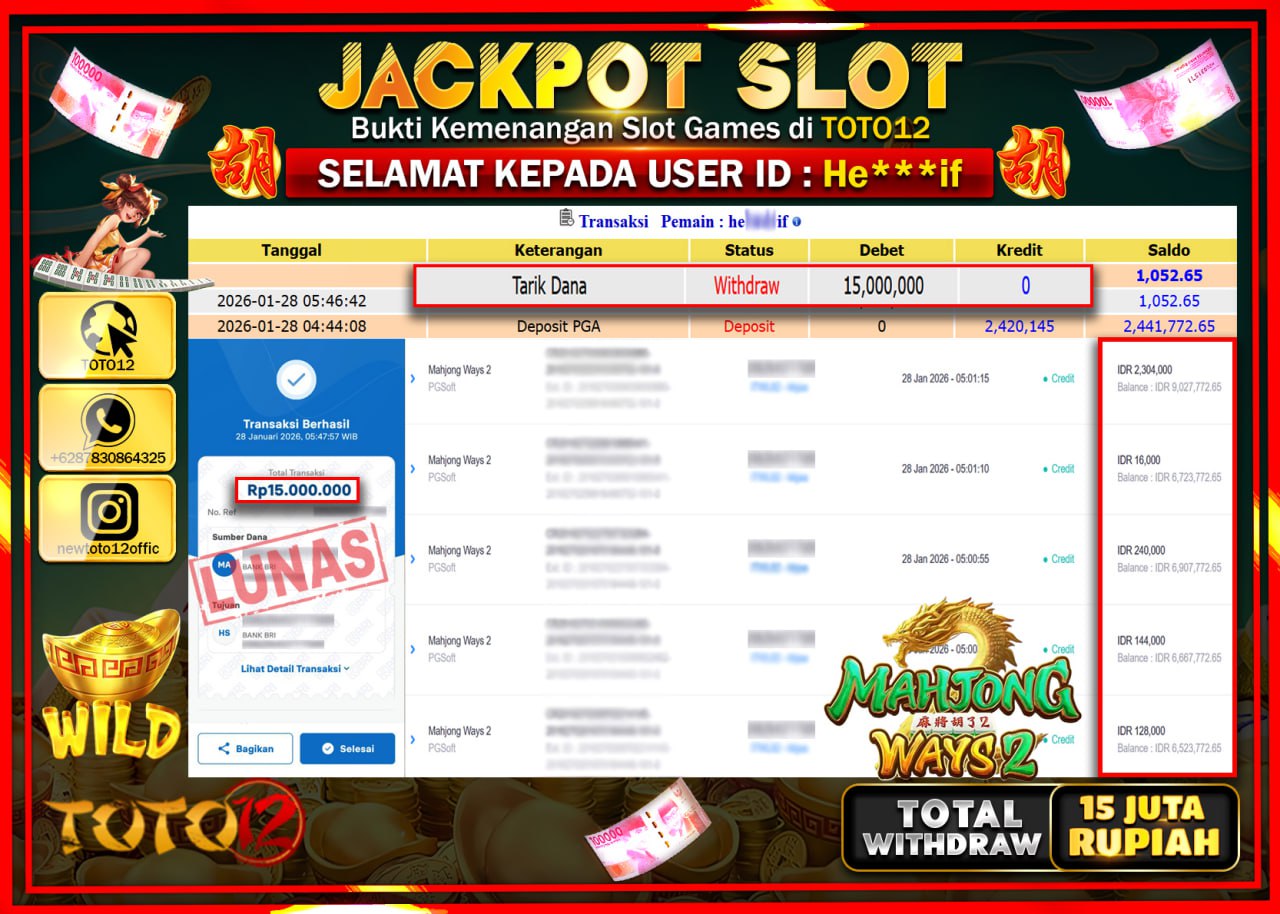 HANYA DI TOTO12 JP PASTI DI BAYAR LUNAS DAN CEPAT!!!!!! JACKPOT SLOT GAME (MAHJONG WAYS 2) Rp.15.000.000 !!!!