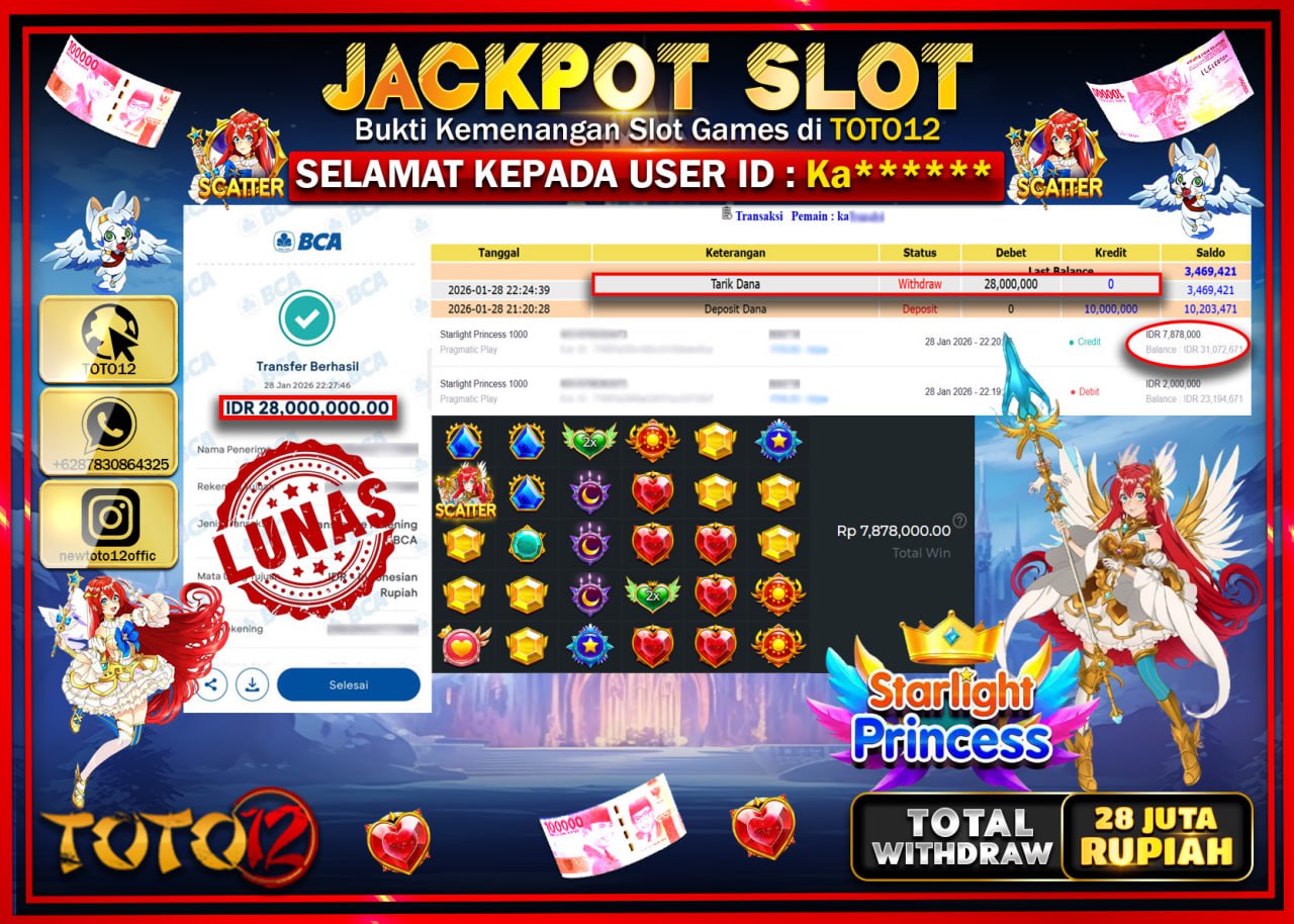 HANYA DI TOTO12 JP PASTI DI BAYAR LUNAS DAN CEPAT!!!!!! JACKPOT SLOT GAME (STARLIGH PRINCESS) Rp.28.000.000 !!!!