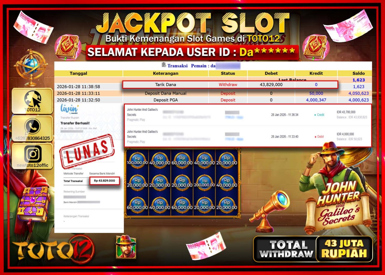 HANYA DI TOTO12 JP PASTI DI BAYAR LUNAS DAN CEPAT!!!!!! JACKPOT SLOT GAME (JHON HUNTER AND GALILEOS SCRETS) Rp.43.829.000 !!!!
