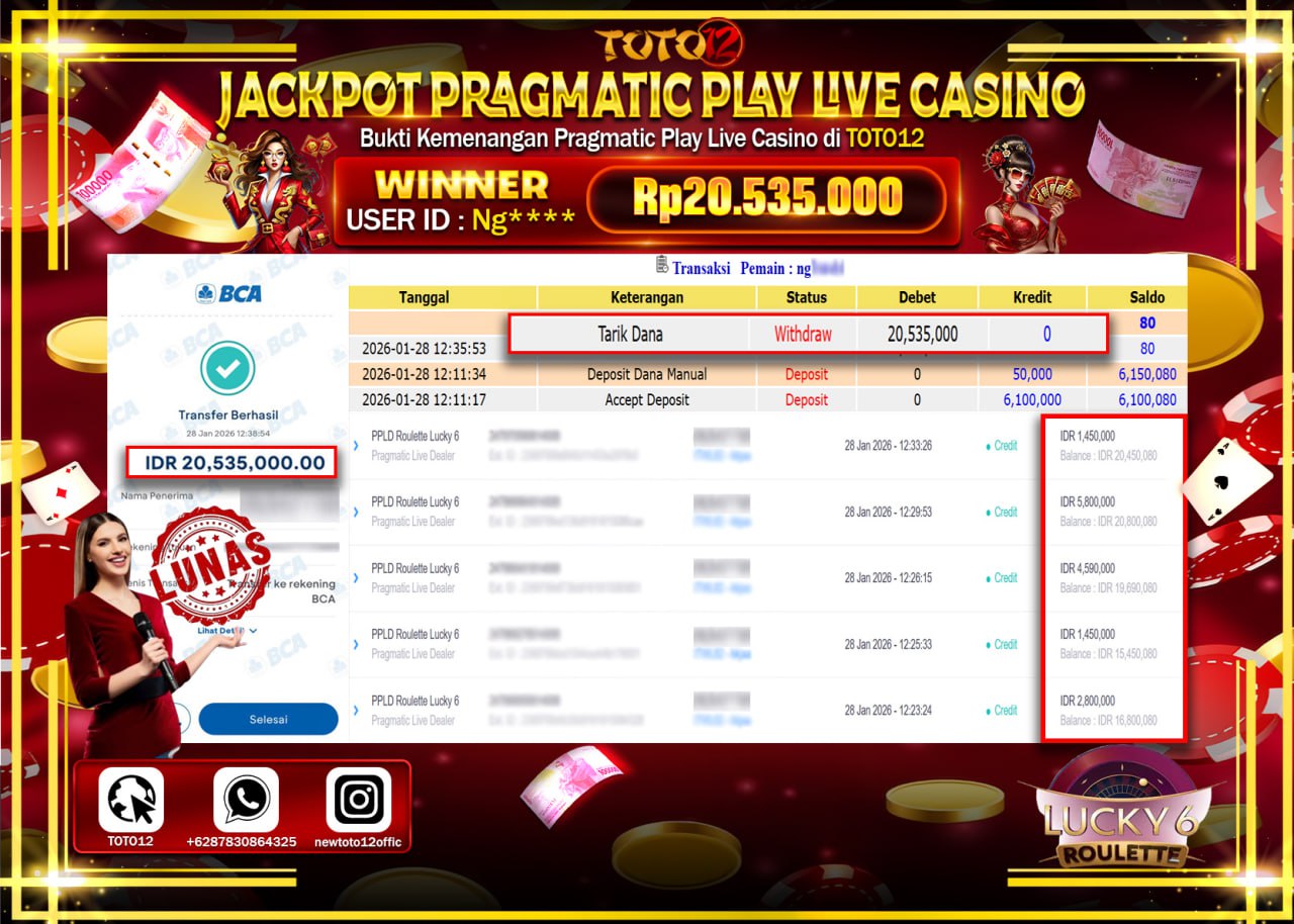 HANYA DI TOTO12 JP PASTI DI BAYAR LUNAS DAN CEPAT!!!!!! JACKPOT PRAGMATIC PLAY LIVE CASINO (ROULETTE LUCKY 6) Rp.20.535.000 !!!!