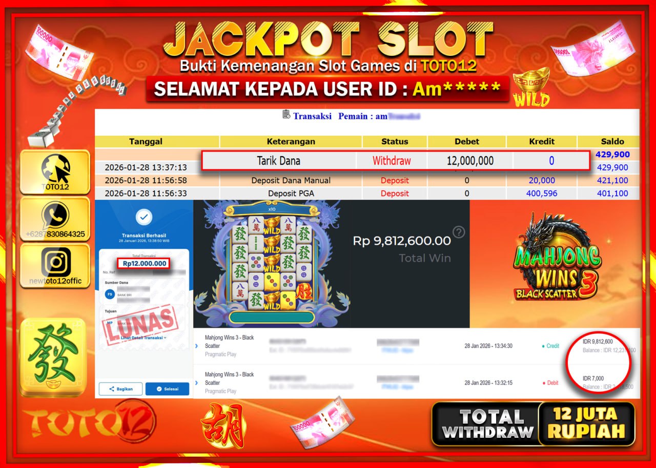 HANYA DI TOTO12 JP PASTI DI BAYAR LUNAS DAN CEPAT!!!!!! JACKPOT SLOT GAME (MAHJONG WINS 3 BLACK SCATTER) Rp.12.000.000 !!!!