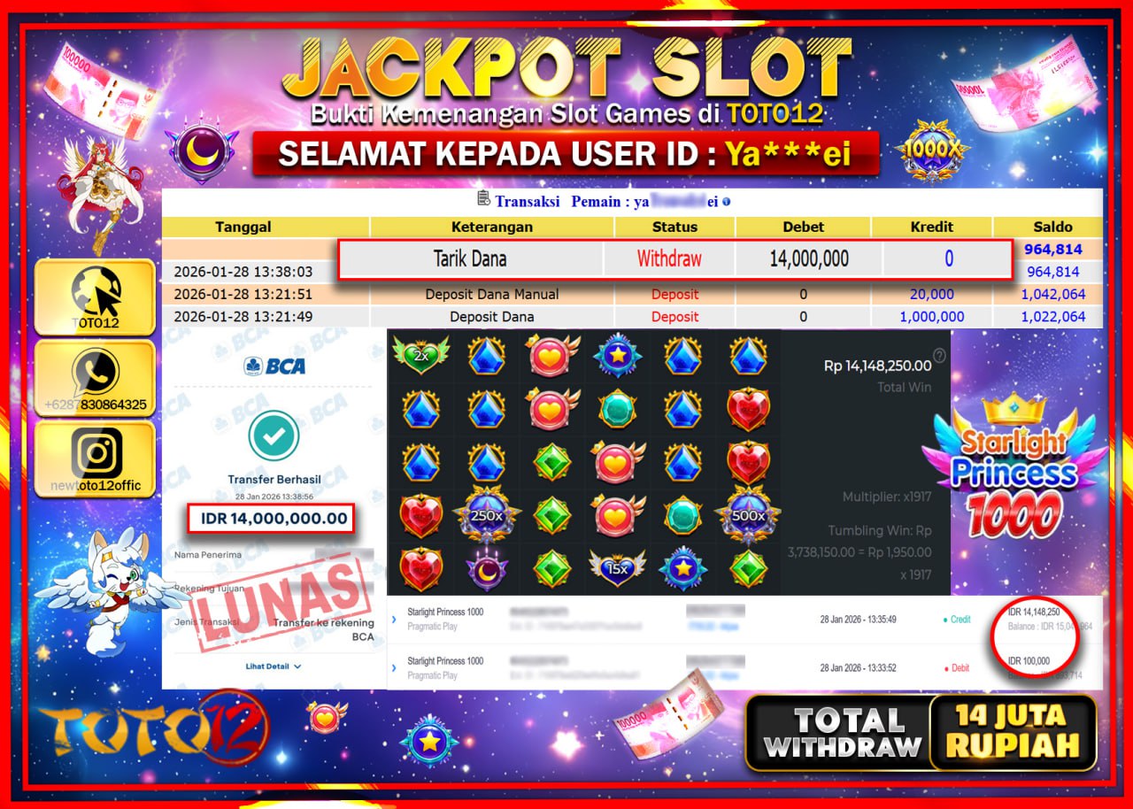 HANYA DI TOTO12 JP PASTI DI BAYAR LUNAS DAN CEPAT!!!!!! JACKPOT SLOT GAME (STARLIGHT PRINCESS 1000) Rp.14.000.000 !!!!