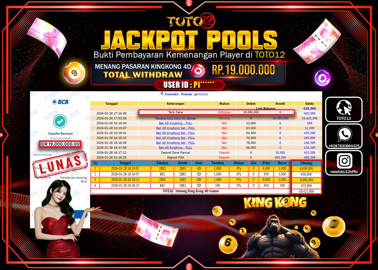 HANYA DI TOTO12 JP PASTI DI BAYAR LUNAS DAN CEPAT!!!!!! JACKPOT POOLS PASARAN (KING KONG) Rp.19.000.000 !!!!