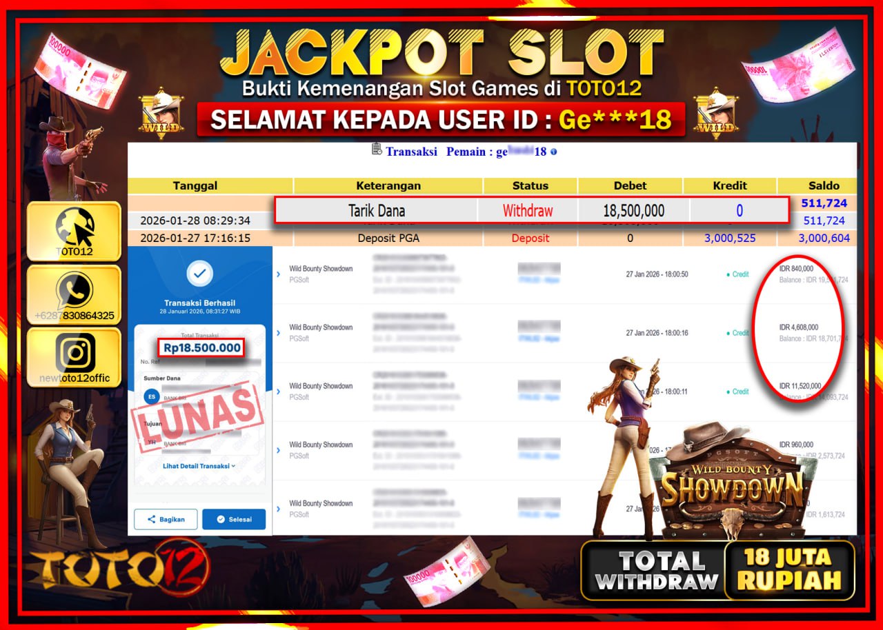 HANYA DI TOTO12 JP PASTI DI BAYAR LUNAS DAN CEPAT!!!!!! JACKPOT SLOT GAME (WILD BOUNTY SHOWDOWN) Rp.18.500.000 !!!!