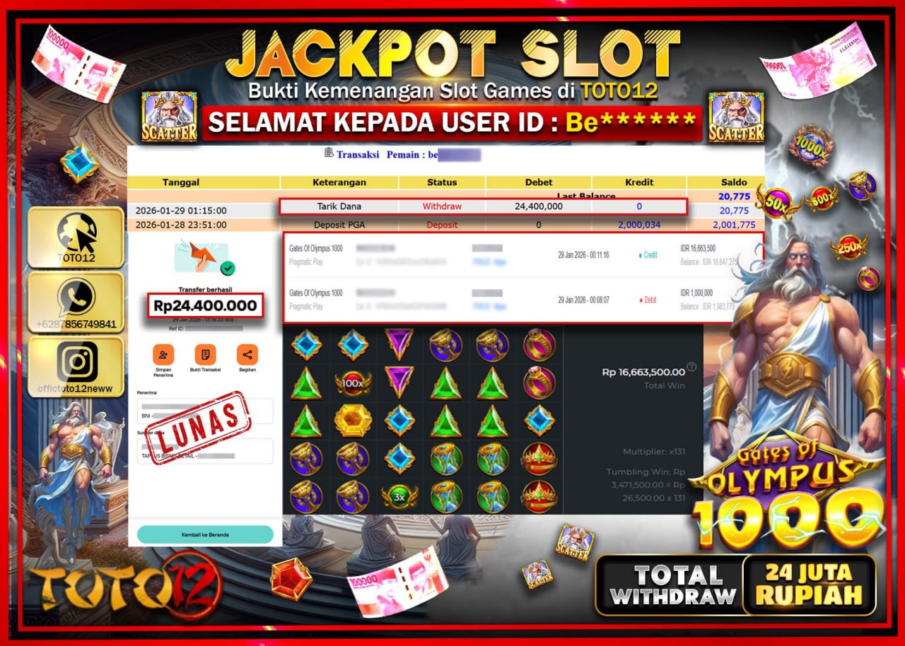 HANYA DI TOTO12 JP PASTI DI BAYAR LUNAS DAN CEPAT!!!!!! JACKPOT SLOT GAME (GATES OF OLYMPUS 1000) Rp.24.400.000 !!!!
