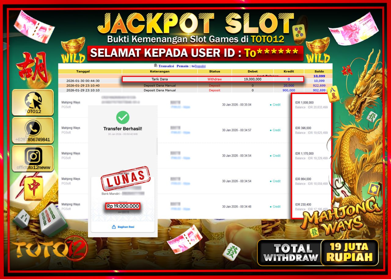 HANYA DI TOTO12 JP PASTI DI BAYAR LUNAS DAN CEPAT!!!!!! JACKPOT SLOT GAME (MAHJONG WAYS) Rp.19.000.000 !!!!