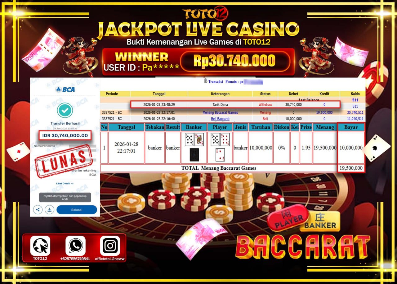 HANYA DI TOTO12 JP PASTI DI BAYAR LUNAS DAN CEPAT!!!!!! JACKPOT LIVE CASINO (BACCARAT GAMES) Rp.30.740.000 !!!!