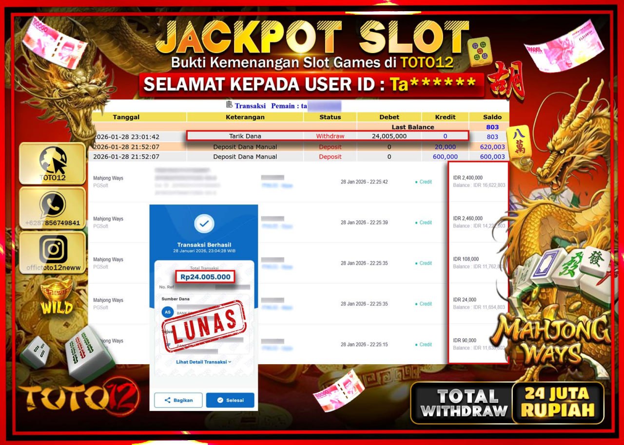 HANYA DI TOTO12 JP PASTI DI BAYAR LUNAS DAN CEPAT!!!!!! JACKPOT SLOT GAME (MAHJONG WAYS) Rp.24.005.000 !!!!