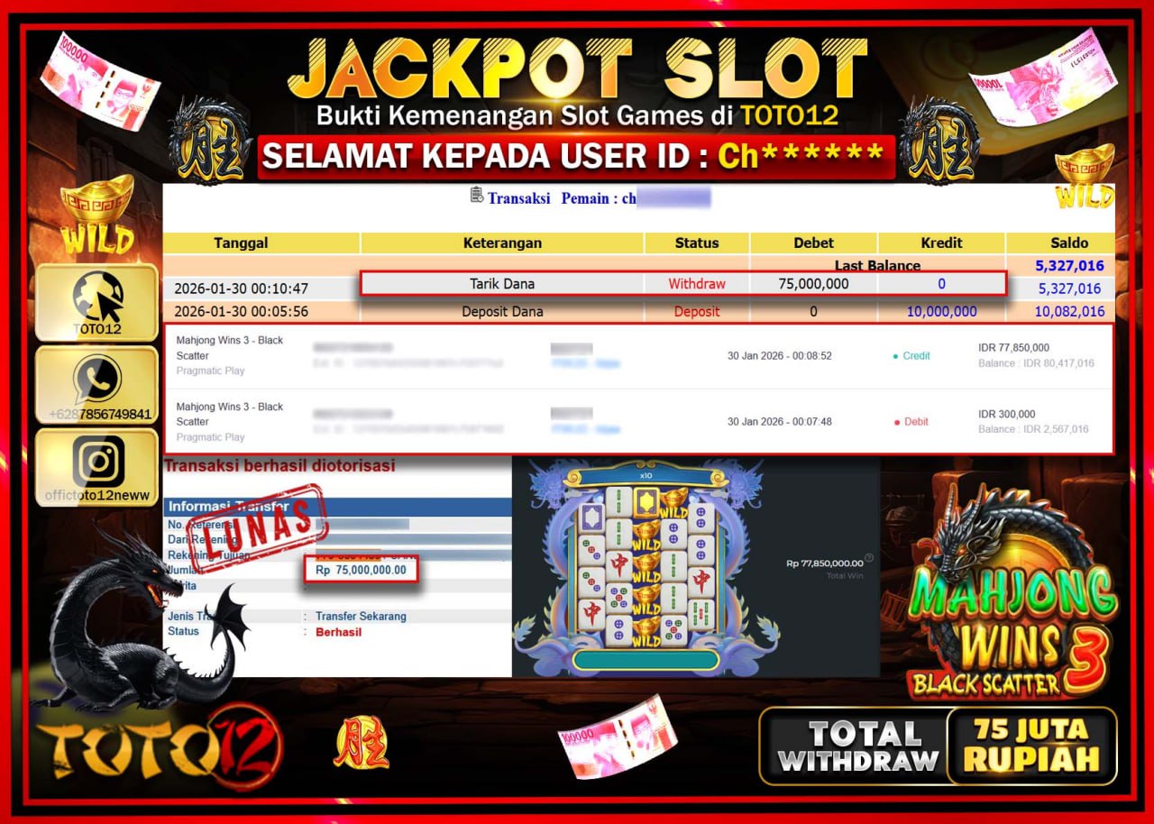 HANYA DI TOTO12 JP PASTI DI BAYAR LUNAS DAN CEPAT!!!!!! JACKPOT SLOT GAME (MAHJONG WINS 3 BLACK SCATTER) Rp.75.000.000 !!!!