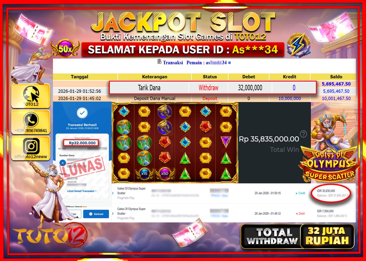 HANYA DI TOTO12 JP PASTI DI BAYAR LUNAS DAN CEPAT!!!!!! JACKPOT SLOT GAME (GATES OF OLYMPUS SUPER SCATTER) Rp.32.000.000 !!!!