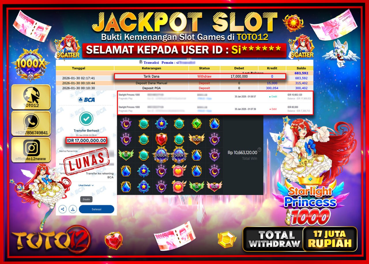 HANYA DI TOTO12 JP PASTI DI BAYAR LUNAS DAN CEPAT!!!!!! JACKPOT SLOT GAME (STARLIGHT PRINCESS 1000) Rp.17.000.000 !!!!