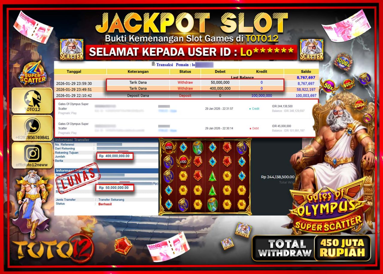 HANYA DI TOTO12 JP PASTI DI BAYAR LUNAS DAN CEPAT!!!!!! JACKPOT SLOT GAME (GATES OF OLYMPUS SUPER SCATTER) Rp.450.000.000 !!!!